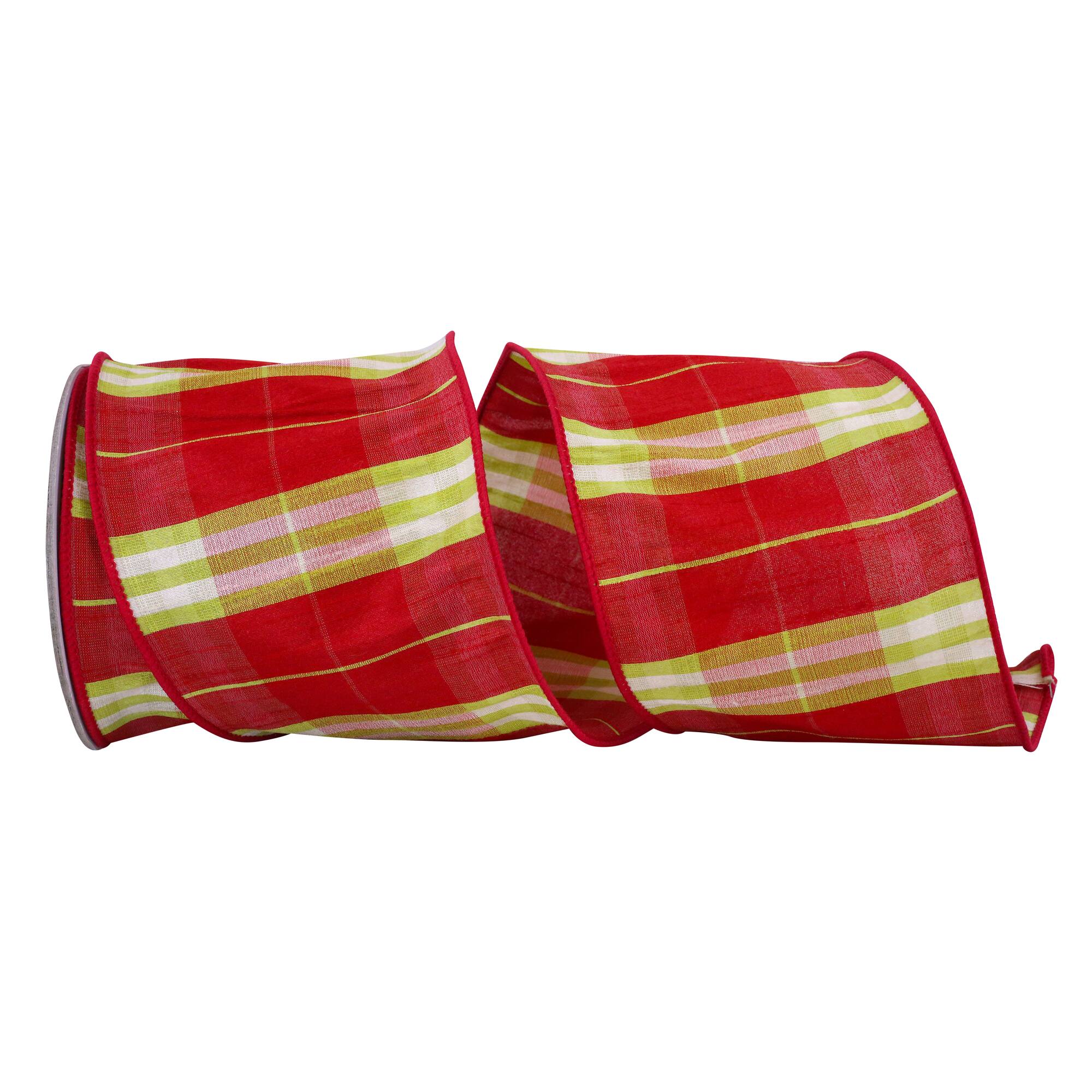 JAM Paper 4" x 10yd. Dupioni Wired Edge Holid Plaid Ribbon